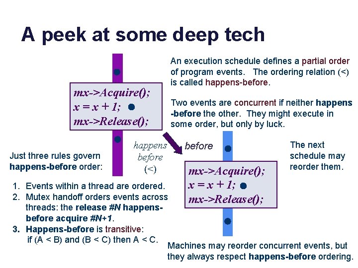 A peek at some deep tech mx->Acquire(); x = x + 1; mx->Release(); Just