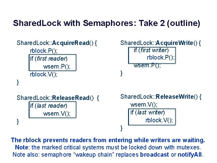 Shared. Lock with Semaphores: Take 2 (outline) Shared. Lock: : Acquire. Read() { rblock.
