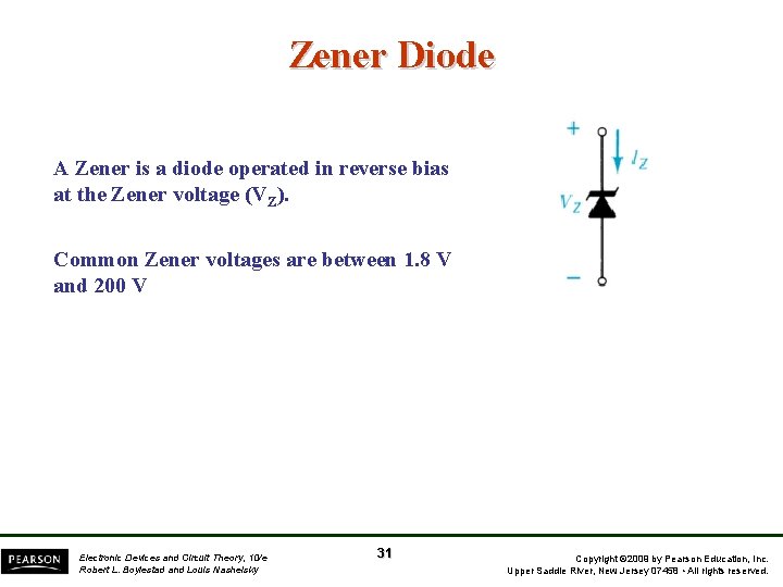 Zener Diode A Zener is a diode operated in reverse bias at the Zener