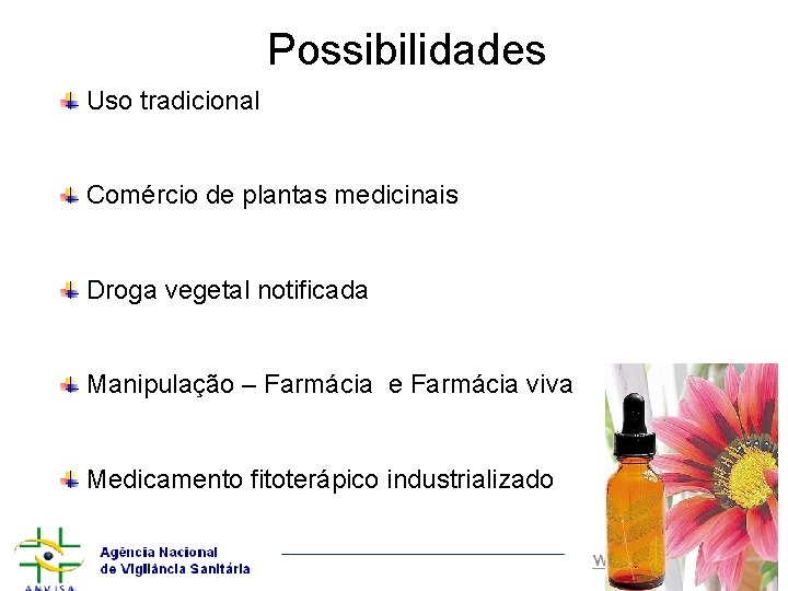 Possibilidades Uso tradicional Comércio de plantas medicinais Droga vegetal notificada Manipulação – Farmácia e