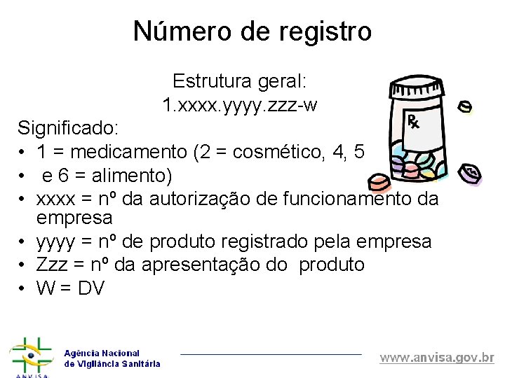 Número de registro Estrutura geral: 1. xxxx. yyyy. zzz-w Significado: • 1 = medicamento