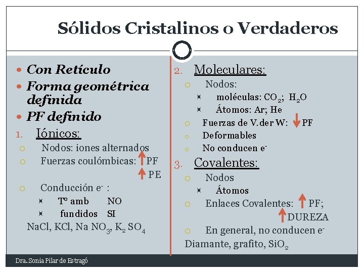 Sólidos Cristalinos o Verdaderos Con Retículo Forma geométrica Nodos: iones alternados Fuerzas coulómbicas: PF