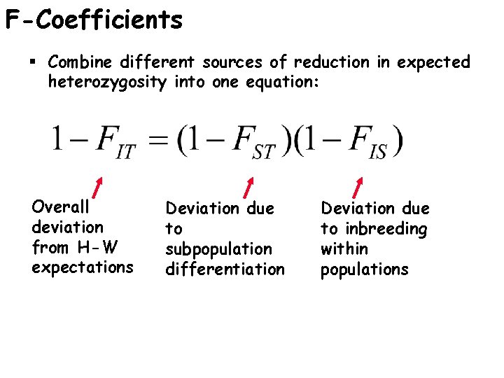 F-Coefficients § Combine different sources of reduction in expected heterozygosity into one equation: Overall