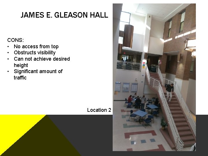 JAMES E. GLEASON HALL CONS: • No access from top • Obstructs visibility •