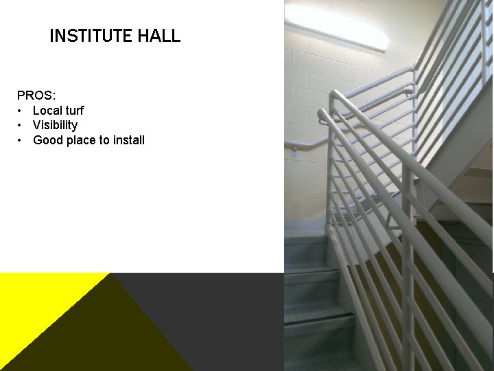 INSTITUTE HALL PROS: • Local turf • Visibility • Good place to install 