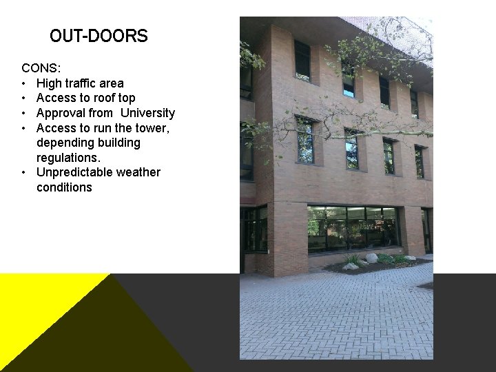 OUT-DOORS CONS: • High traffic area • Access to roof top • Approval from