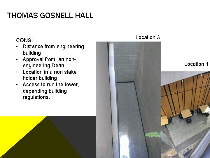 THOMAS GOSNELL HALL CONS: • Distance from engineering building • Approval from an nonengineering