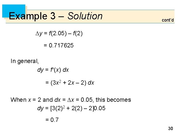 Example 3 – Solution cont’d y = f (2. 05) – f (2) =