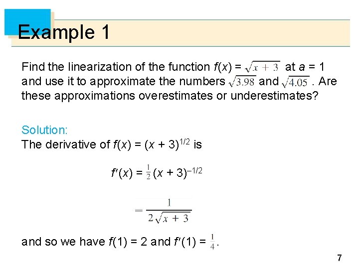 Example 1 Find the linearization of the function f (x) = at a =