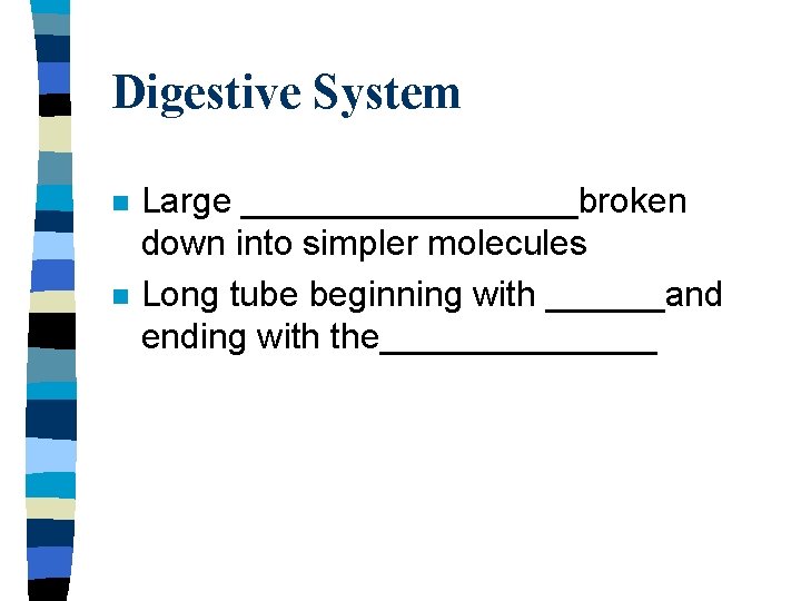 Digestive System n n Large _________broken down into simpler molecules Long tube beginning with