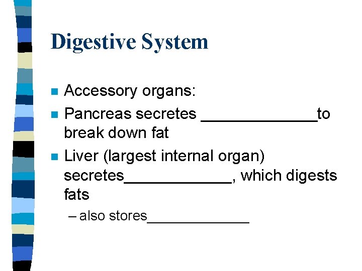 Digestive System n n n Accessory organs: Pancreas secretes _______to break down fat Liver