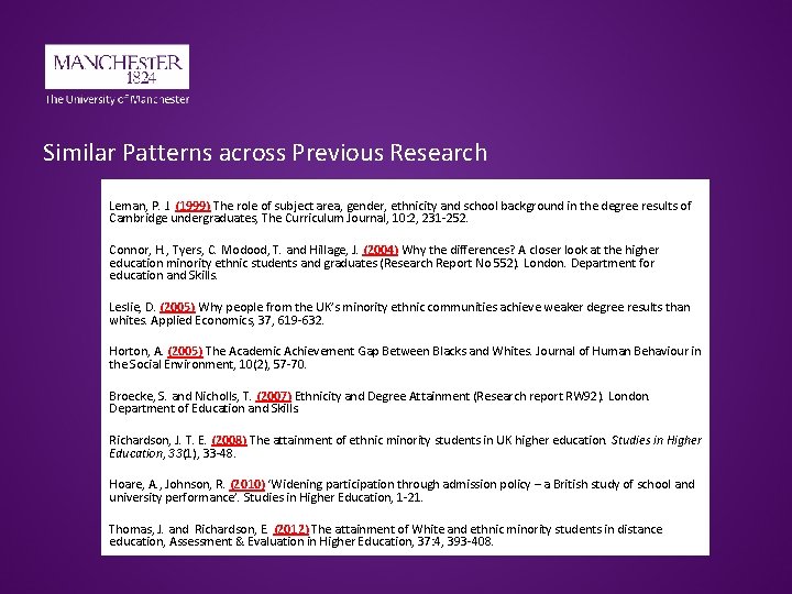 Similar Patterns across Previous Research Leman, P. J. (1999) The role of subject area, Similar Patterns across Previous Research Leman, P. J. (1999) The role of subject area,