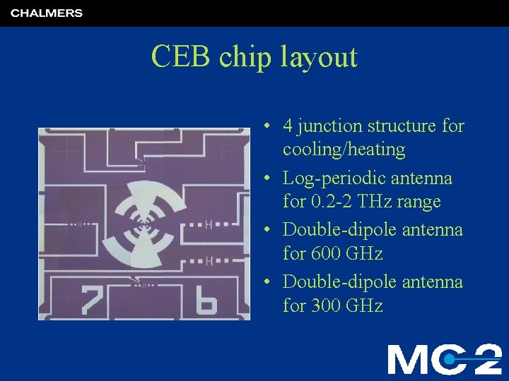 CEB chip layout • 4 junction structure for cooling/heating • Log-periodic antenna for 0.