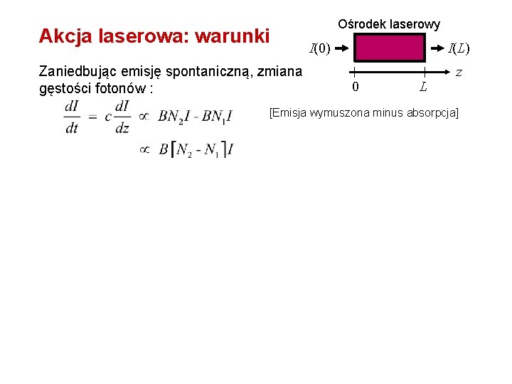 Ośrodek laserowy Akcja laserowa: warunki I(0) Zaniedbując emisję spontaniczną, zmiana gęstości fotonów : I(L)