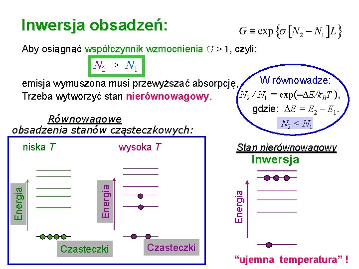 Inwersja obsadzeń: Aby osiągnąć współczynnik wzmocnienia G > 1, czyli: N 2 > N