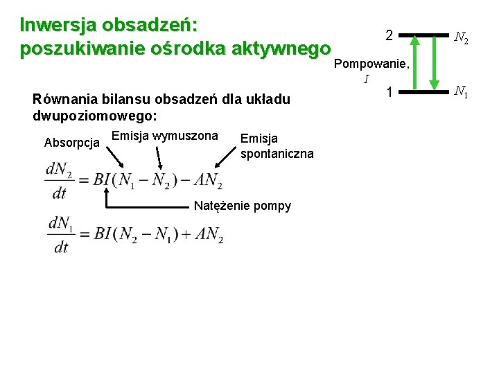 Inwersja obsadzeń: poszukiwanie ośrodka aktywnego Równania bilansu obsadzeń dla układu dwupoziomowego: Absorpcja Emisja wymuszona