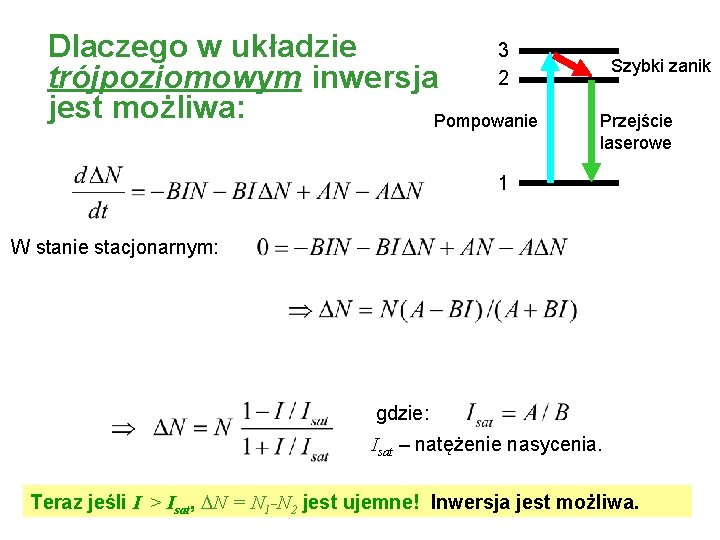 Dlaczego w układzie 3 2 trójpoziomowym inwersja jest możliwa: Pompowanie Fast decay Szybki zanik