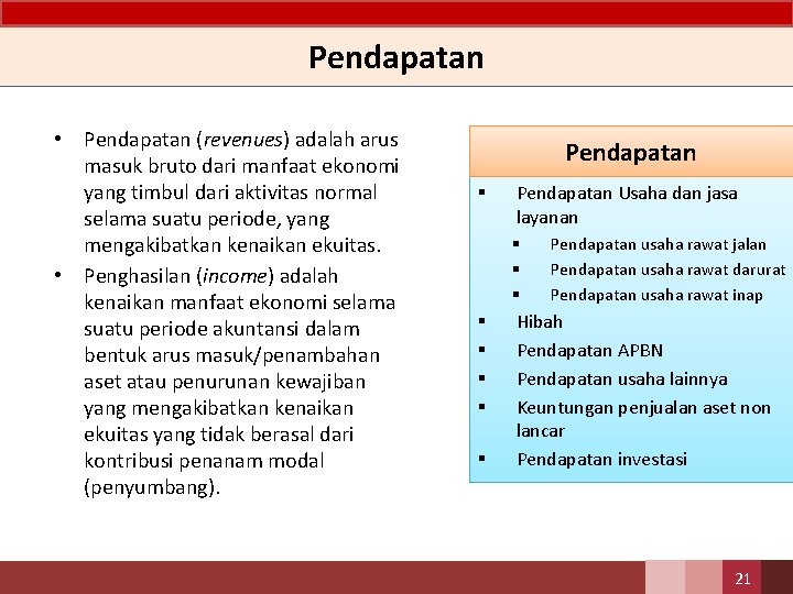 Pendapatan • Pendapatan (revenues) adalah arus masuk bruto dari manfaat ekonomi yang timbul dari