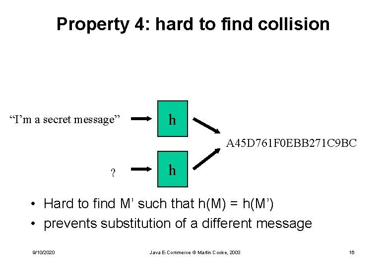 Property 4: hard to find collision “I’m a secret message” h A 45 D