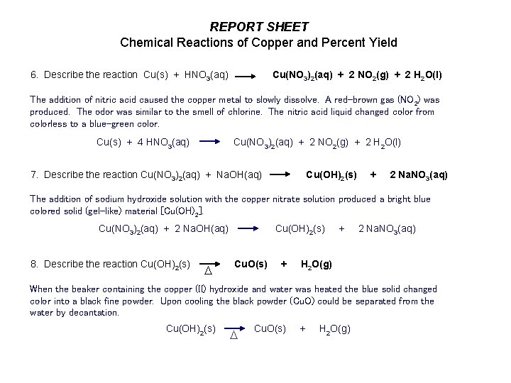 REPORT SHEET Chemical Reactions of Copper and Percent Yield 6. Describe the reaction Cu(s)