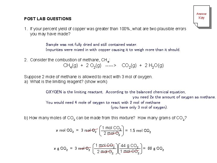 Answer Key POST LAB QUESTIONS 1. If your percent yield of copper was greater