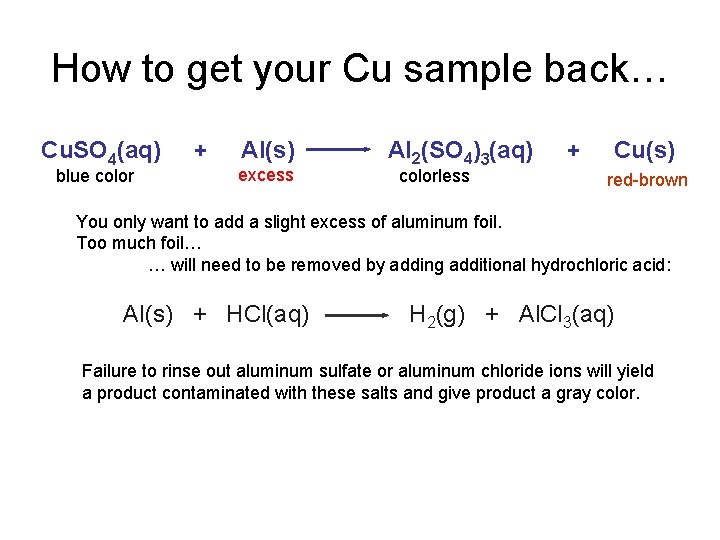 How to get your Cu sample back… Cu. SO 4(aq) + Al(s) Al 2(SO