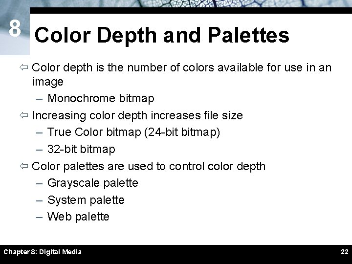 8 Color Depth and Palettes ï Color depth is the number of colors available 8 Color Depth and Palettes ï Color depth is the number of colors available