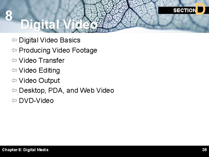 8 D SECTION Digital Video ï Digital Video Basics ï Producing Video Footage ï 8 D SECTION Digital Video ï Digital Video Basics ï Producing Video Footage ï