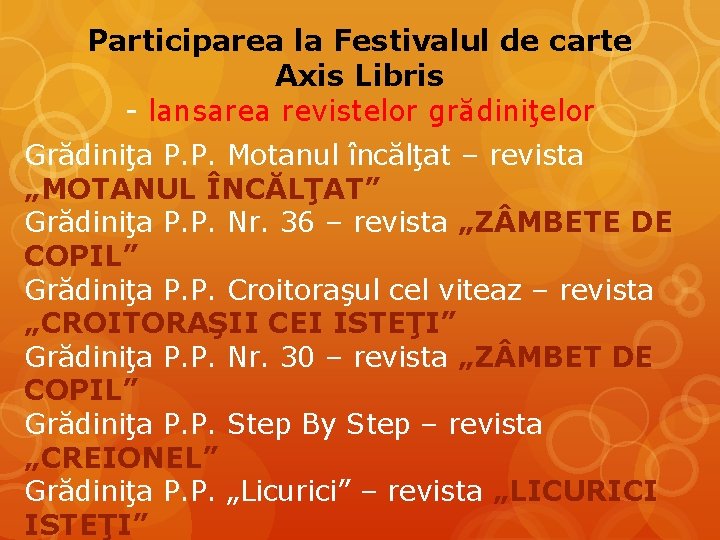 Participarea la Festivalul de carte Axis Libris - lansarea revistelor grădiniţelor Grădiniţa P. P.