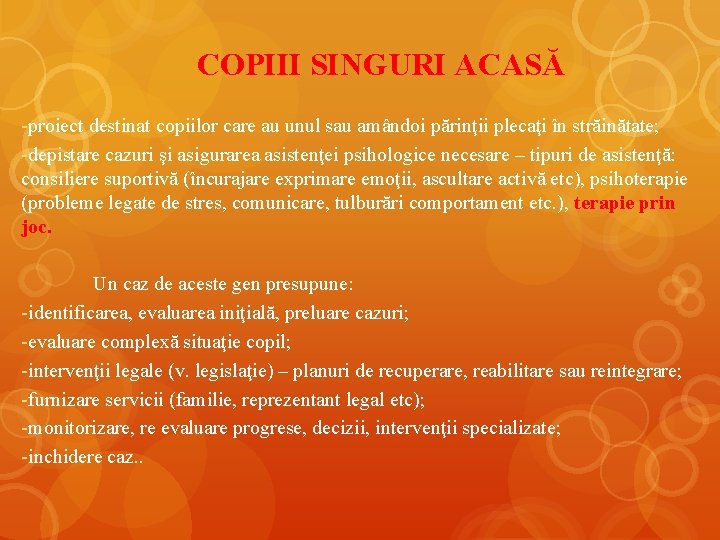 COPIII SINGURI ACASĂ -proiect destinat copiilor care au unul sau amândoi părinţii plecaţi în