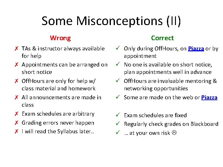 Some Misconceptions (II) Wrong ✗ TAs & instructor always available for help ✗ Appointments