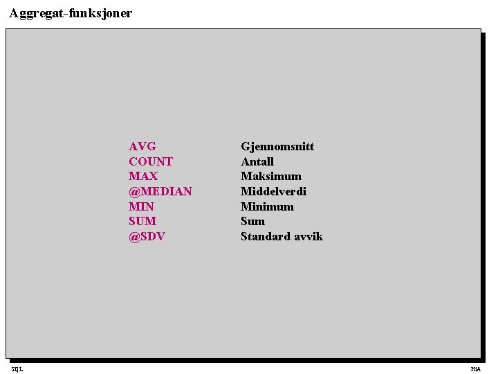 Aggregat-funksjoner AVG COUNT MAX @MEDIAN MIN SUM @SDV SQL Gjennomsnitt Antall Maksimum Middelverdi Minimum