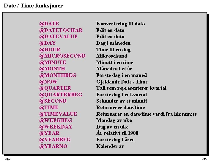 Date / Time funksjoner @DATETOCHAR @DATEVALUE @DAY @HOUR @MICROSECOND @MINUTE @MONTHBEG @NOW @QUARTERBEG @SECOND