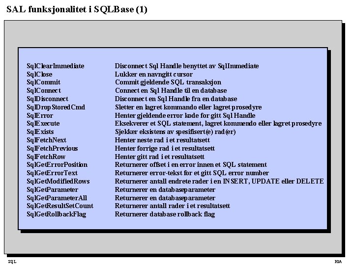 SAL funksjonalitet i SQLBase (1) Sql. Clear. Immediate Sql. Close Sql. Commit Sql. Connect