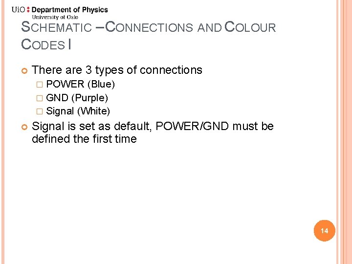 SCHEMATIC – CONNECTIONS AND COLOUR CODES I There are 3 types of connections �