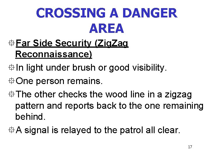 CROSSING A DANGER AREA °Far Side Security (Zig. Zag Reconnaissance) °In light under brush