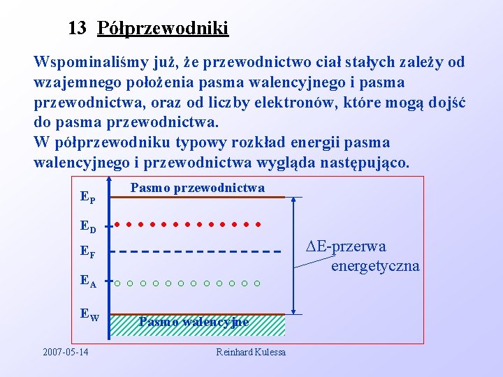 13 Półprzewodniki Wspominaliśmy już, że przewodnictwo ciał stałych zależy od wzajemnego położenia pasma walencyjnego