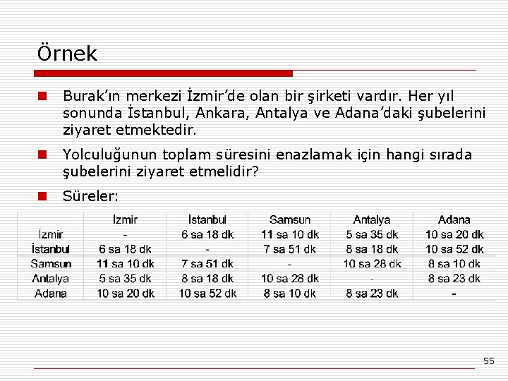 Örnek n Burak’ın merkezi İzmir’de olan bir şirketi vardır. Her yıl sonunda İstanbul, Ankara,