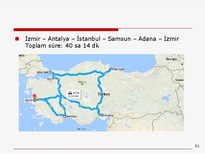 n İzmir – Antalya – İstanbul – Samsun – Adana – İzmir Toplam süre: