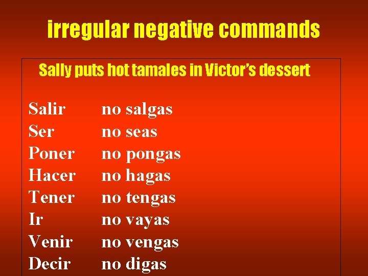 irregular negative commands Sally puts hot tamales in Victor’s dessert Salir Ser Poner Hacer