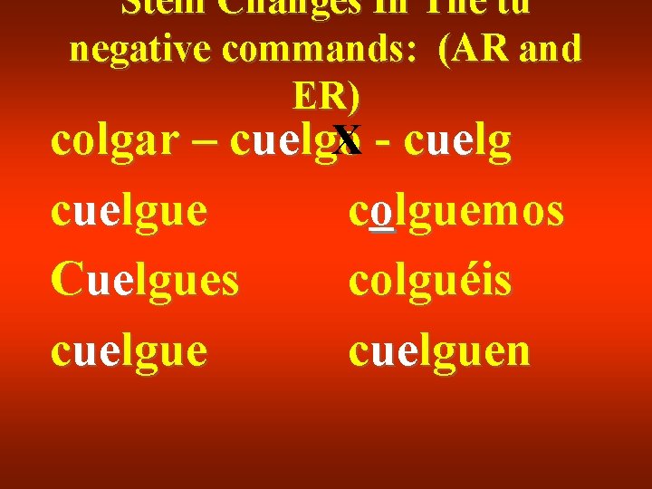 Stem Changes In The tu negative commands: (AR and ER) colgar – cuelgo X