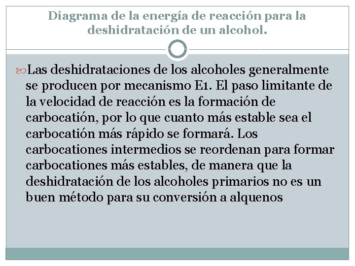 Diagrama de la energía de reacción para la deshidratación de un alcohol. Las deshidrataciones
