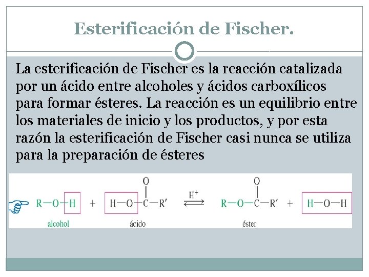 Esterificación de Fischer. La esterificación de Fischer es la reacción catalizada por un ácido