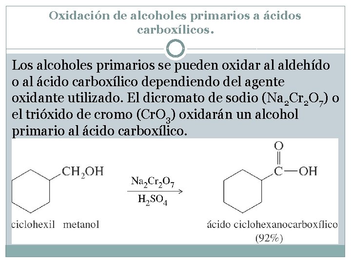 Oxidación de alcoholes primarios a ácidos carboxílicos. Los alcoholes primarios se pueden oxidar al