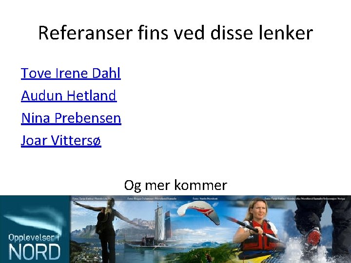 Referanser fins ved disse lenker Tove Irene Dahl Audun Hetland Nina Prebensen Joar Vittersø