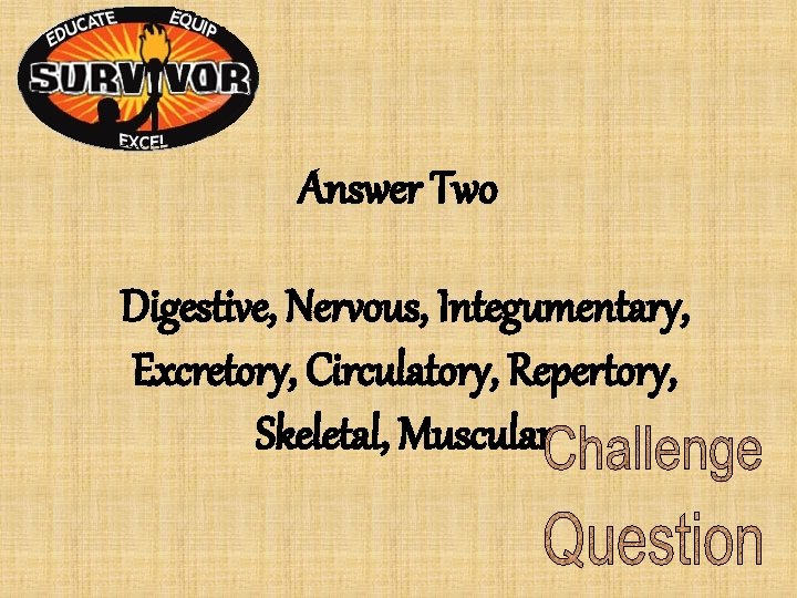 Answer Two Digestive, Nervous, Integumentary, Excretory, Circulatory, Repertory, Skeletal, Muscular Answer Two Digestive, Nervous, Integumentary, Excretory, Circulatory, Repertory, Skeletal, Muscular