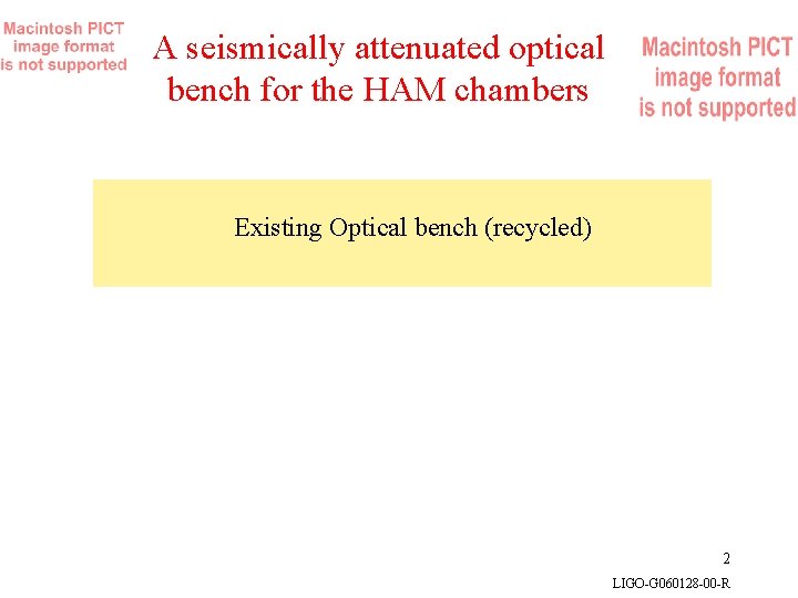 A seismically attenuated optical bench for the HAM chambers Existing Optical bench (recycled) 2