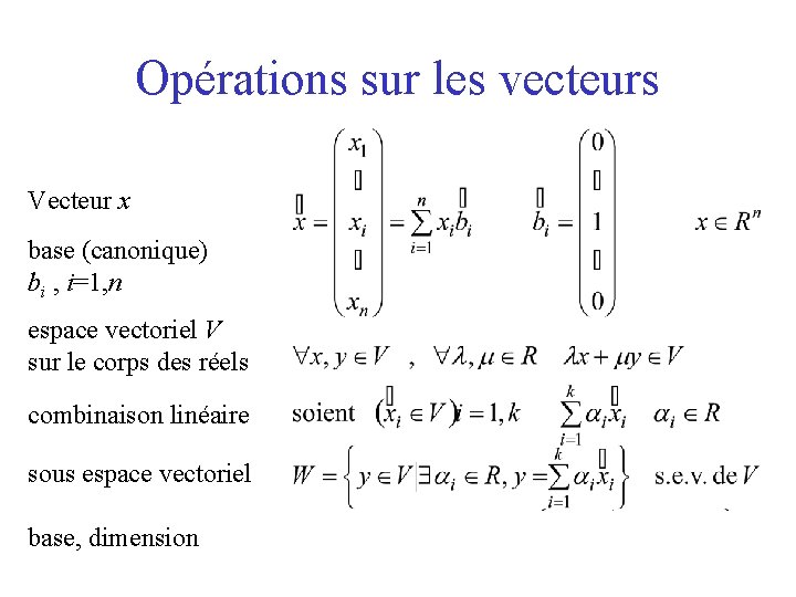 Opérations sur les vecteurs Vecteur x base (canonique) bi , i=1, n espace vectoriel