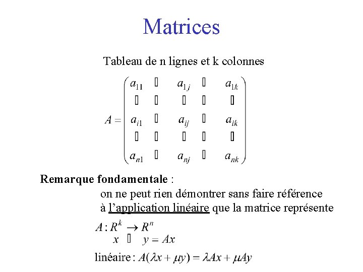 Matrices Tableau de n lignes et k colonnes Remarque fondamentale : on ne peut