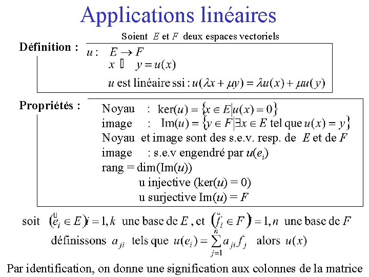 Applications linéaires Définition : Propriétés : Soient E et F deux espaces vectoriels Noyau